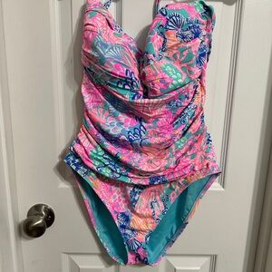 Lilly Pulitzer Pink and Blue One Piece Swimsuit with Tropical Print